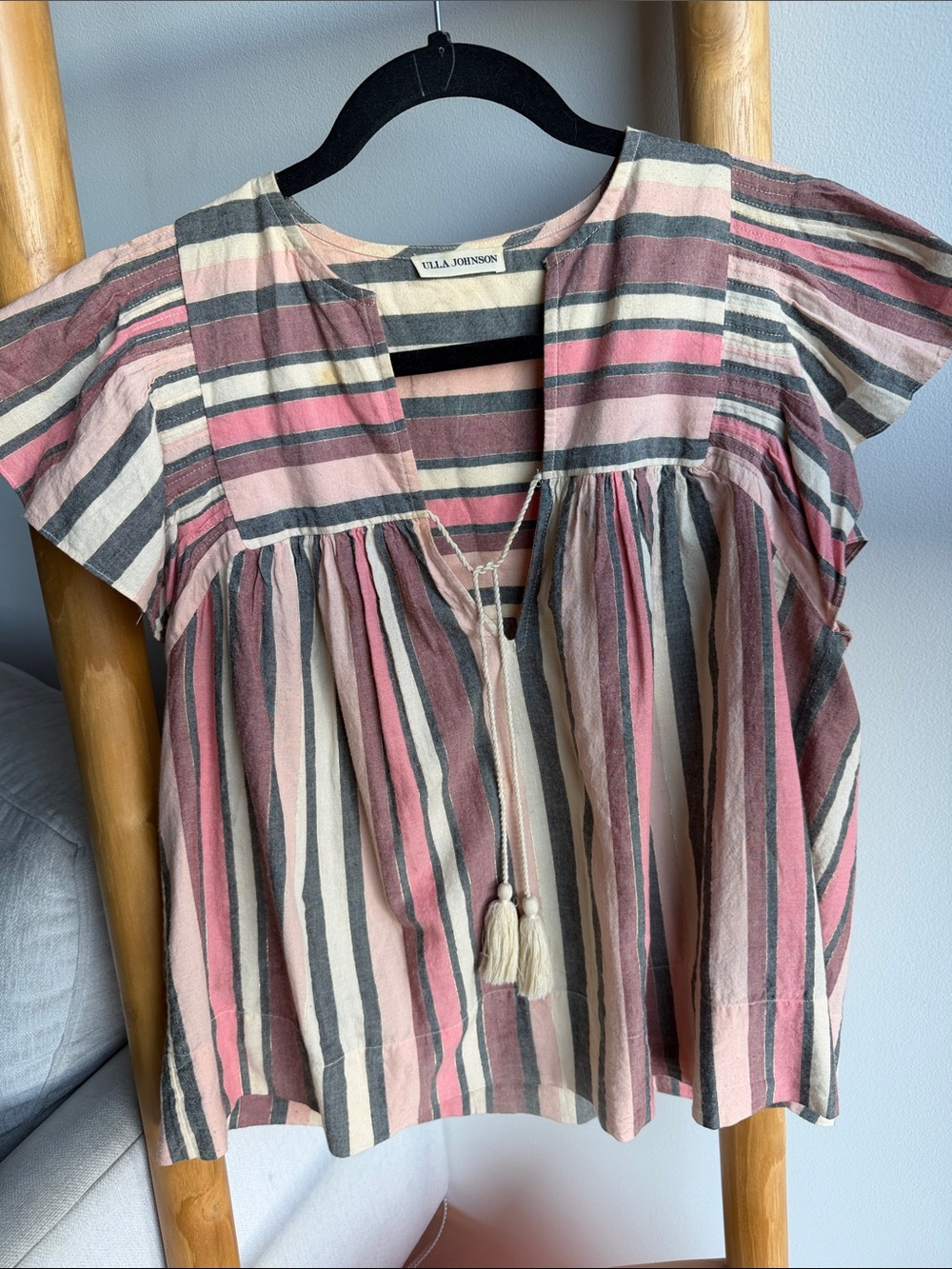 Ulla Johnson Pink, Cream & Gray Striped Cotton Peasant Top